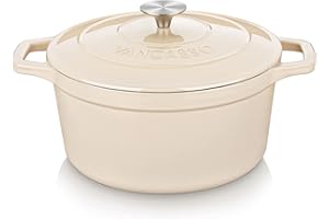 vancasso Cast Iron Dutch Oven, 6 QT Round Pot with Lid and Dual Handles, Non Stick Enamel Coating for Bread Baking, White
