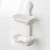 PAVSTINE Double Soap Holder, Strong Hold Suction Cup Soap Dish, No Drill Double Layer Tray for Sponge and Bath Essentials, Wall Mount Organizer for Bathroom & Kitchen Sink, White