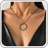 Sttiafay Boho Large Round Circle Necklace Black Leather Rope Chain Leather Circle Pendant Necklace Hollow Round Choker Necklaces Jewelry for Women