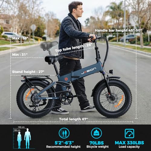 Jasion X-Hunter Electric Bike for Adults,1400W Peak Folding Ebike,20''*4 Fat Tire Foldable Ebike,30MPH 70+Miles 48V 13AH Removable Battery,Full Suspension System Design,7-Speed Bicycles