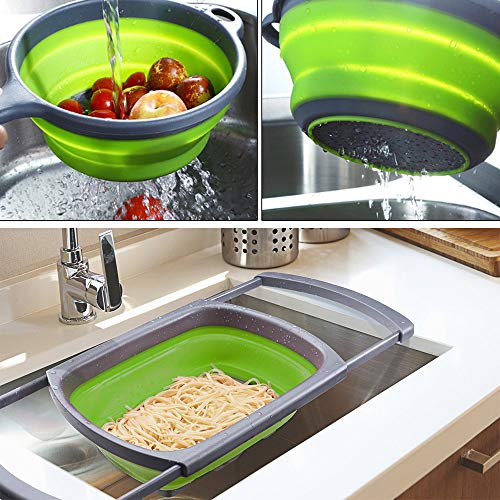 Huanlemai 3-Packs Green Silicone Kitchen Collapsible Colander Set - 6-Quart Square Over The Sink Colander + 4qt Round Veggies/Fruit Basket Strainers and Colanders +2qt Pasta Strainer With Handle