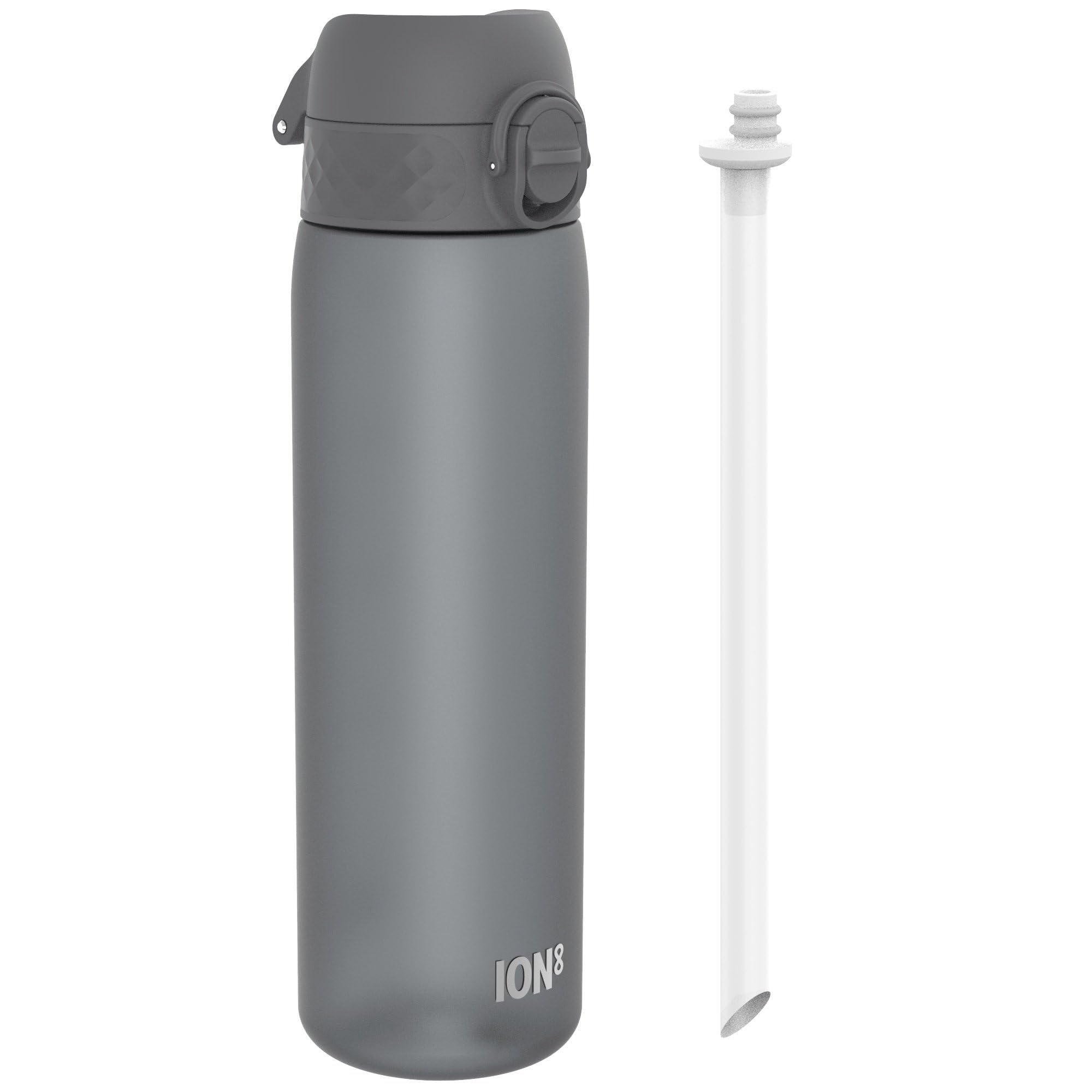 Ion8 500ml Water Bottle, Leak Proof & BPA-Free Drinking Bottle with Straw, Triple Lock Lid to Prevent Spills & Integrated Handle, Carbon Neutral, 500ml/18oz, Recyclon, Grey with Straw
