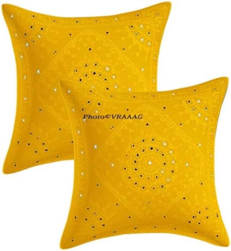 VRAAAG 16x16 Set of 2 (Set of 5, 3 and Single Piece Also Available) Yellow Cotton Embroidered Mirror Work Indian Rajasthani Traditional Cushion Cover for Home and Gifts