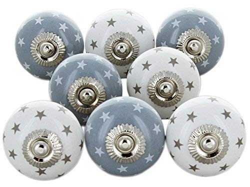 Set of 8 ceramic knobs with white and blue stars, hand painted with different designs. Handcrafted handles for cabinets, drawers, dressers and hangers. Classic knobs of 40mm diameter.