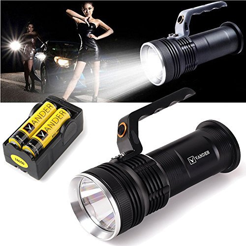 Vander LED Portable Flashlight Torch with Charger&18650 Batteries For Carry Caving Hiking & Night Riding
