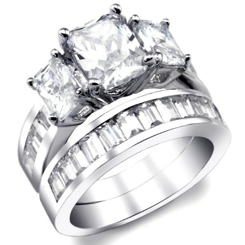 Sterling Silver Radiant Cut Cubic Zirconia Womens Wedding Engagement Ring Set Size 6