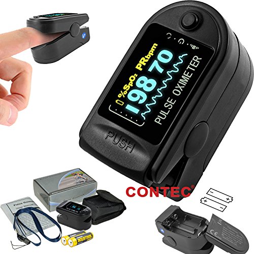 CONTEC CMS50D Finger Pulse Oximeter, SPO2 PR Oxygen Saturation Heart Rate Monitor with Carrying Case, Lanyard,battery Black color OLED Display