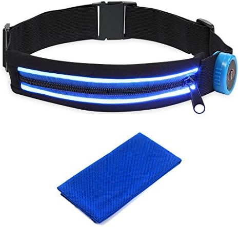 Night Eyes-Smart Waist Pack With LED Safety Lights-Waist Pouch for Running,Hiking,Climbing&amp;Biking- Perfect for iPhone 6 Plus&amp; All Smartphones,Key-Free Bonus Cool Sweat Towel (Blue)