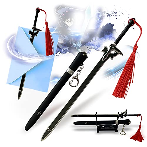 Sword Art Online Kiritos Elucidator Sword, Letter Opener with Sheath and Stand, High Quality Stainless Steel, Gift for SAO Fans, Anime & Collectors, Black