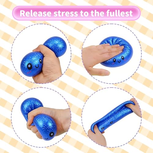 Glitter Dumpling,Blue Glitter Dumpling Squishies Box,Squeeze Dough Ball Stress Relief Hand Toys with Food Steamer Stretchy Desk Toys for Adults(Blue) (1)