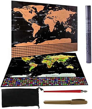 PREMIUM Scratch off Travel World Map & accessories. Large (32”X24”) Copper Foil Paper (250 G).Classy gift tube packaging +gold marker+ precision scratch pen +pouch. Frame ,Gift, Enjoy !