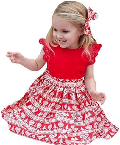 BESTOPPEN Baby Girls Dress Red,Girl Christmas Cute Sleeveless Dresses Xmas Lace Princess Dress Ruffle Print Headband Dress Casual Christmas Costumes Party Dress Size for 1-6 Years Old