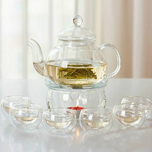 CGL Sky 27 oz glass filtering tea maker teapot (600c) with a warmer and 6 tea cups 50ml