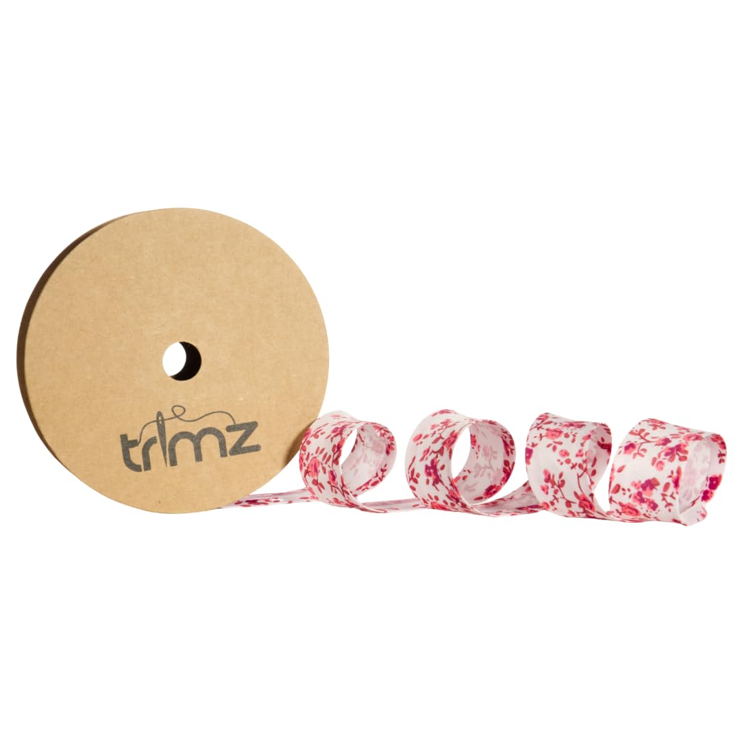 Inastri Trimz Pink Floral Poly-Cotton Bias Binding, 20m Roll x 25mm Double Fold – Perfect for Sewing, Quilting & Trims