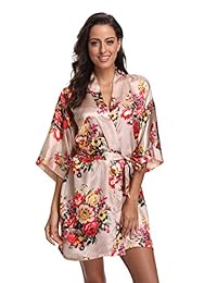 KimonoDeals Bata kimono floreada corta de satén de mujer para bodas