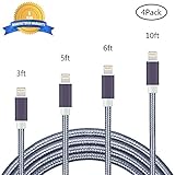 iPhone Cable 4Pack 3FT 5FT 6FT 10FT, Kiomi Lightning to USB Charger, 8 Pin Lightning to USB Sync & Charging Cable Cord for iPhone 7/7 Plus,6/6S,5/5S/5C/SE,iPad,iPod Nano 7 (Grey)
