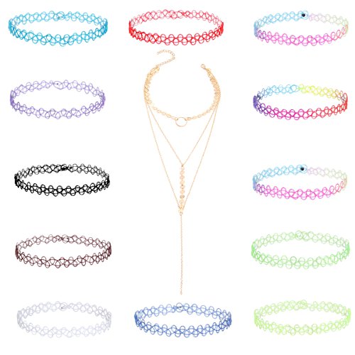 Tpocean 13 PCS Choker Necklaces Rainbow Rubber Gothic Tattoo Henna Stretch Elastic Colorful Gold Chain Thin Long Pendant Disc Chokers Set for Women Girls Teen 90s