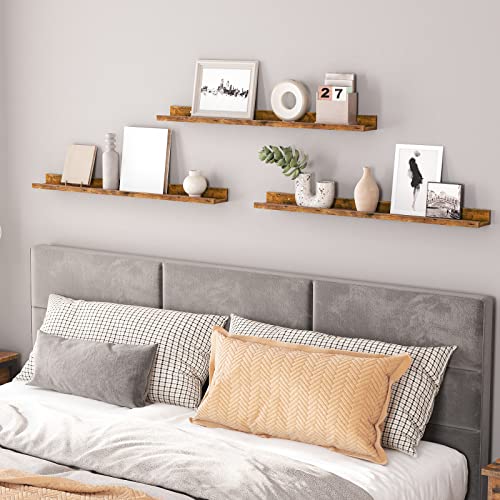 HOOBRO Floating Shelves for Wall, Wooden Floating Shelves Set of 3, Wall Mounted Shelves for Living Room, Wall Shelf with Raised Edge, Invisible Bracket, for Bathroom, Bedroom, Rustic Brown EBF90BJ01