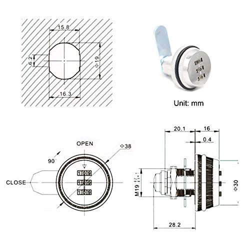 3-Digit Combination Mailbox Lock 7/8" Rotary Tongue Cam Lock for Cabinet Drawer Locker Door Furniture - Thumbnail 3
