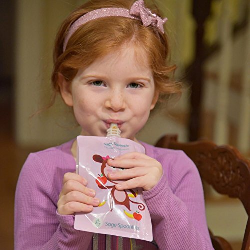 Sage Spoonfuls Squeezie 12 Piece Reusable Food Pouch, Monkey/Fruit Dots