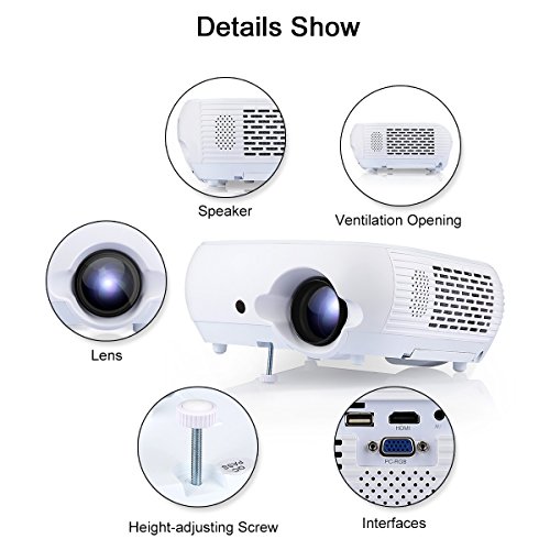 Portable Porjector, Multimedia Entertainment Games Party 1080P HD Video Projector 120 Inch with Mount Hole for Home Cinema Theater Project Support DVD TV PC Laptop iPhone Android Phone - Thumbnail 2