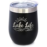 Lake Life - Wine Tumbler with Sliding Lid - Stemless Stainless Steel Insulated Cup - Cute Outdoor Camping Mug - Black