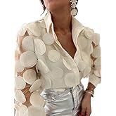 UOOZEE Women's Long Sleeve Dressy Casual Blouse Button Down Sheer Polka Dot Cocktail Party Tops Shirts