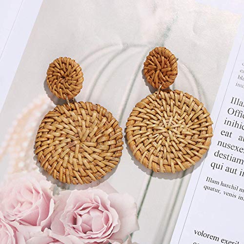 XOCARTIGE Woven Rattan Earrings Handmade Wicker Earrings Straw Knit Hoop Earrings Lightweight Raffia Braid Drop Dangle Earring for Women Girls (Double Disc) - Thumbnail 5