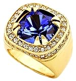 Gold Tone Synthetic Blue CZ Stone Mens Rick Ross Hip Hop Style Ring