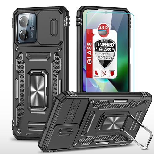 Pemuyak Case for Motorola G54 Case, with Screen Protector Slide Camera Cover, 360 Ring Kickstand Holder Shockproof Cover for Moto g54,Black
