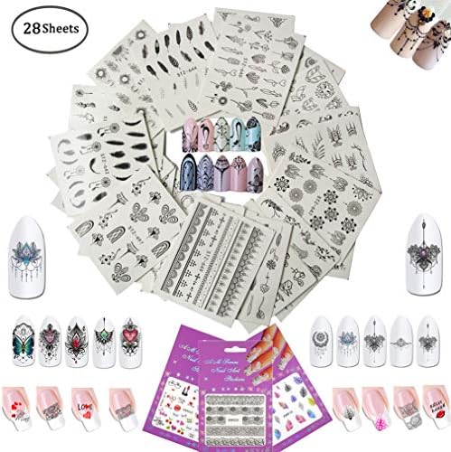 28 Sheets Different Design Self-adhesive Tip Nail Art Stickers Decals for DIY Manicure Nail Stencils Designs Flowers Heart Feather Butterfly Decoration (LIFESTZ)