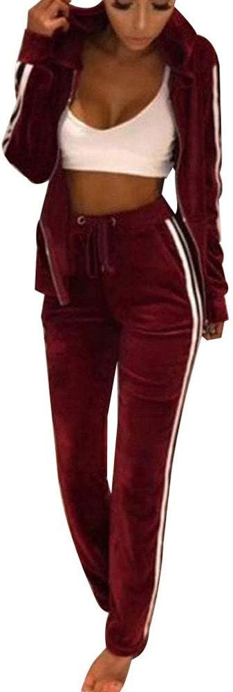 Womens 2PCS Tracksuit Set Velour Stripe Zipped Hoodie Jogging Suit Women Pyjama Set Loungewear Long Sleeve