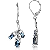 Silvershake 1.92ct. 3 Stone Genuine London Blue Topaz 925 Sterling Silver Leaf Dangle Leverback Earrings