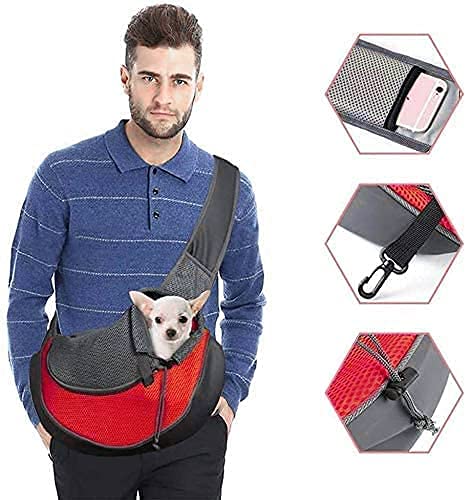 Dog Carrier Sling Breathable Mesh Hand Free Shoulder Tote Bag for Puppy Small Animals 4-8lb Adjustable Padded Shoulder Strap with Front Pocket Dog Carry Outdoor Walking Travel (4-8lb) (Red+Grey)