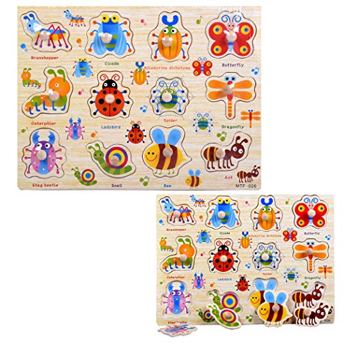 SIPLIV Wooden Pegged Puzzles Set Learning Puzzles Board for 2-5 Years Old Kids Preschool Early Education Toys and Games, 2 Pcs - Animals and Insects - Thumbnail 2