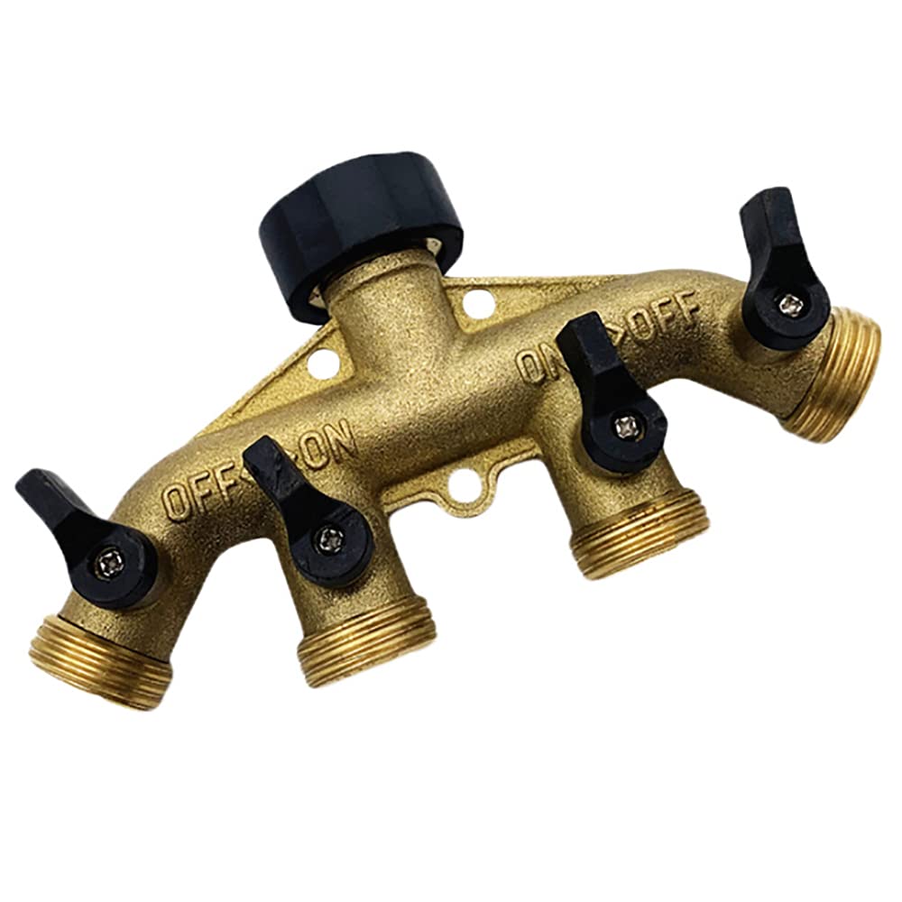ANCLLO 4 Way Heavy Duty Brass Garden Hose Splitter, Hose Connector 3/4inch Hose Spigot Adapter with 4 Valves