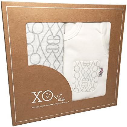 XOve Baby Gender Neutral Gray Organic Bodysuit &amp; X-Large muslin Swaddle Layette Gift Set
