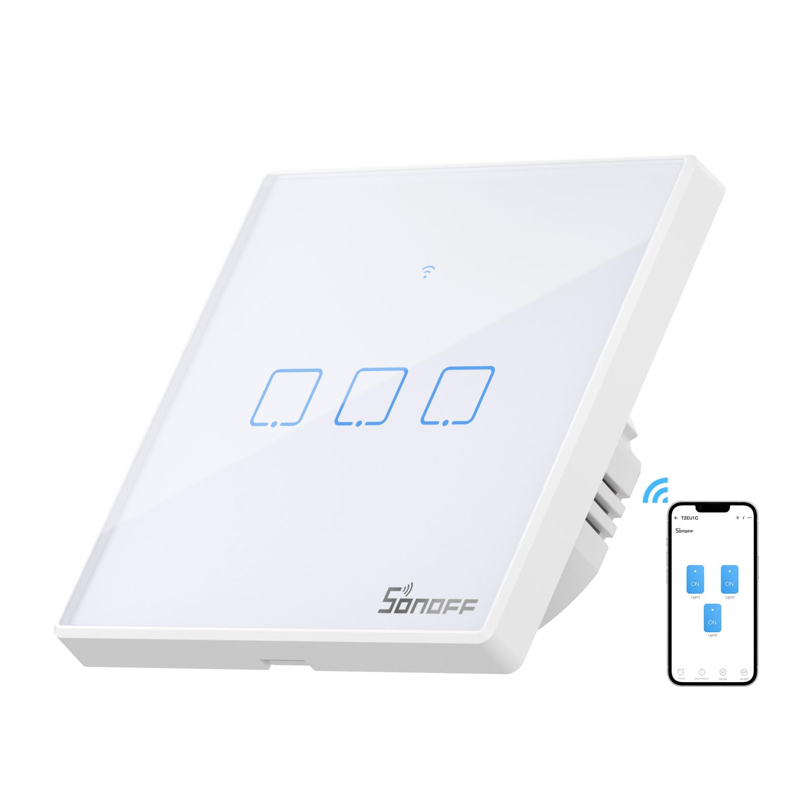 SONOFF Smart Light Switch, WiFi Smart Touch Switch Smart Wall Light Switch Works with Alexa and Google Home, APP Remote Control & 433MHz RF Control, Neutral Wire Required, White, 3 Gang T2EU3C
