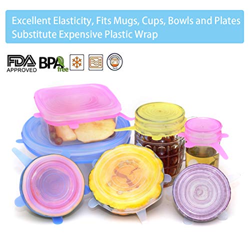 FansArriche Silicone Stretch Lids 12 Pack, Reusable Durable and Expandable to Fit Various Sizes and Shapes of Containers for Keeping Food Fresh, Dishwasher and Freezer Safe