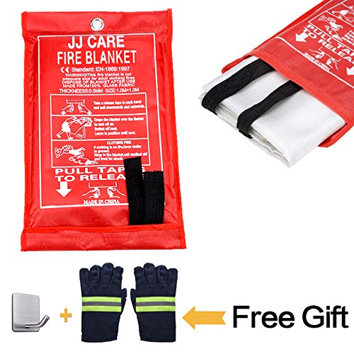JJ CARE [All in ONE] Fire Blanket Fire Suppression Blanket with Fire Protective Gloves -Suitable for Camping, Grilling, Kitchen Safety, Car and Fireplace Retardant Blanket for Emergency 40″x40″
