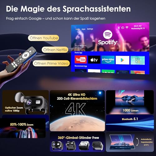 Mini Projector 4K Smart Projector Official App with Full HD 1080P, 1000 Lumens, Auto Focus and Keystone Correction, 360° Rotation, WiFi and Bluetooth, for Mobile Phone HDMI, TV Stick, Portable/Home
