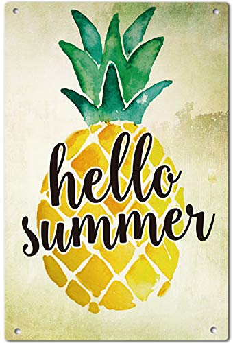 Agantree Art Hello Summer Pineapple Garden Yard Porch Metal Sign Outdoor Decorative Metal Plaque 12 x 8 Inch