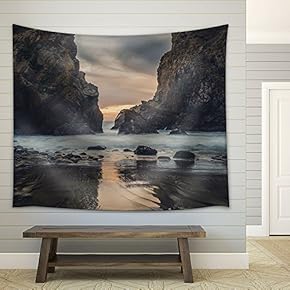 Mountains by The Seashore with Waves at Dusk - Fabric Wall Tapestry Home Decor - 51x60 inches