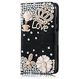 Rosepark(TM) Moto G leather case, 3D Handmade Bling Crystal Crown Rhinestone Flower Pearl Diamond Design Sparkle Glitter Leather Wallet Type Magnet Flip Case Cover for Moto G(Black), With Screen Protector, Stylus Pen and Cleaning Cloth