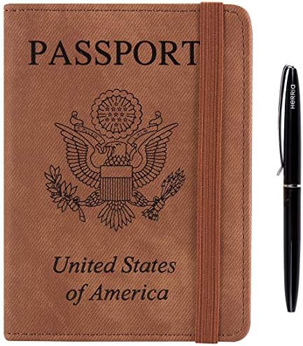 HERRIAT Leather Passport Holder Cover Case RFID Blocking Travel Wallets Card Case for Women Men(Denim Brown)