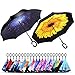 owen kyne 2 Pack Windproof Double Layer Folding Inverted Umbrella, Self Stand Upside-down Rain Protection Car Reverse Umbrellas (Starry Sky+Sunflower)