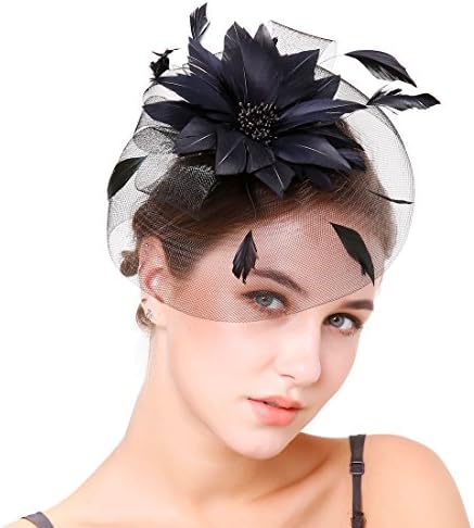 Feather Flower Fascinator Wedding Hair Clip Headpiece Cocktail Party Headwear (Black)