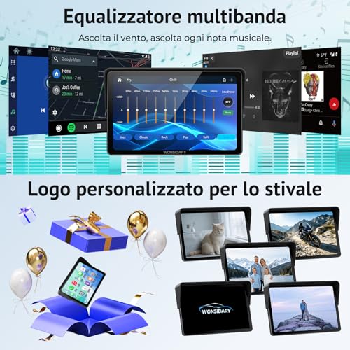Wonsidary W722TPMS Schermo CarPlay Moto 7" Wireless con Android Auto Moto,TPMS,Display GPS Moto Impermeabile IP67,Audio Bluetooth Doppio,Controllo Vocale,EQ,Sensore di Luce,Alimentazione USB/ACC