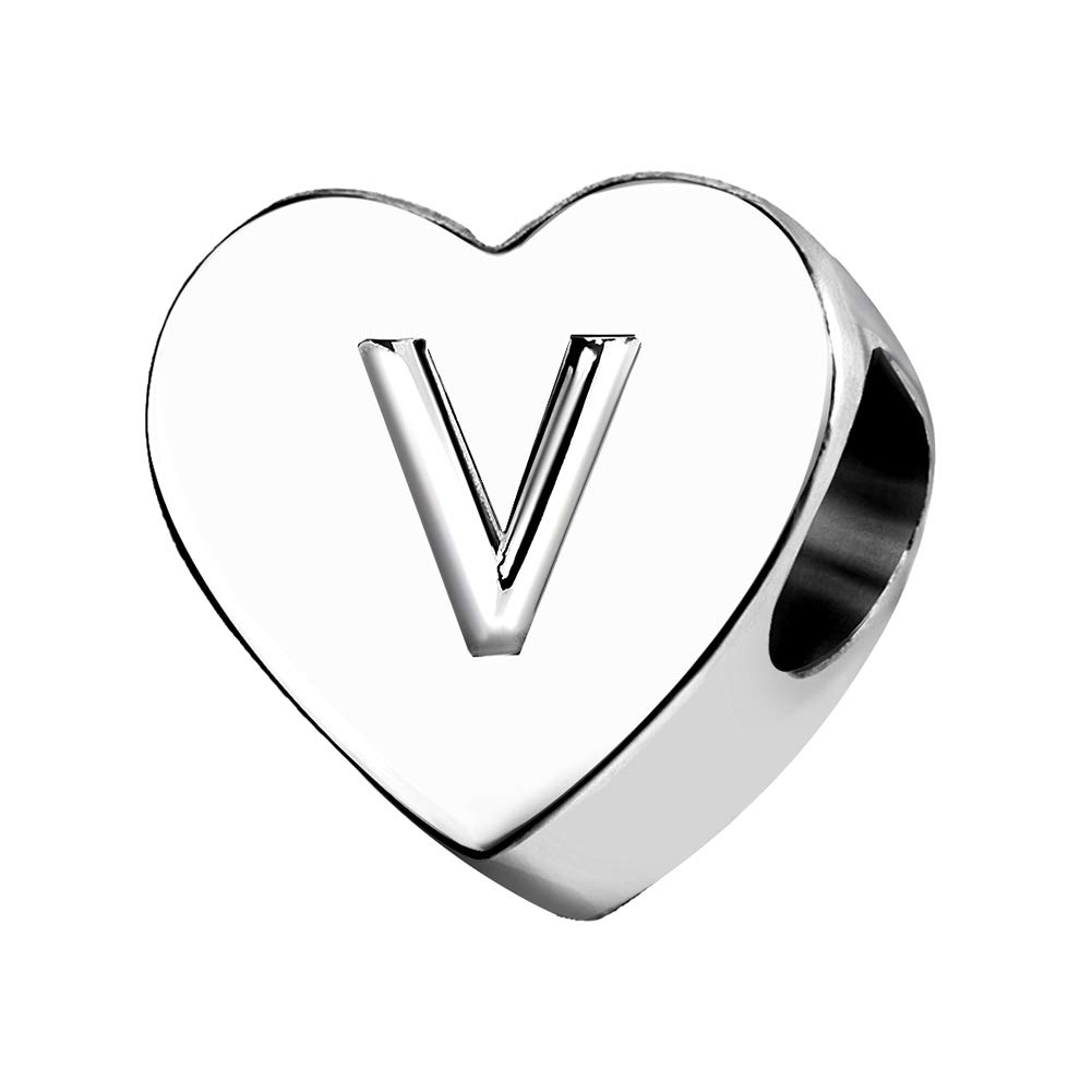 KunBead Jewelry Letter V Initial Charms Love Heart Essence Heart Nan 21 Birthday Bead Charms for Women Girls