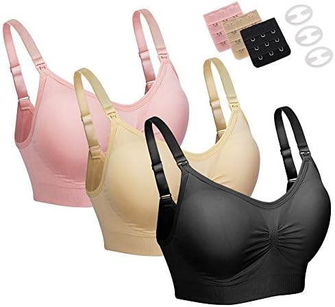 CANCA Seamless Sleeping Nursing Wirefree Bra for Breastfeeding Bralette with Bra Extender (XL, 3pcs/Pack a Pink Black Beige)
